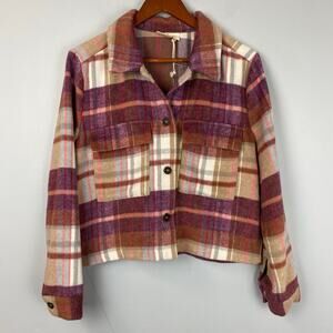 Melloday Cropped Flannel Button Down Shacket Purple Burgundy Gray Pink Small
